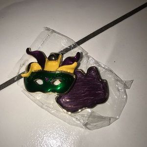 Mardi Gras Mask Brooch Pin w Tray Holder